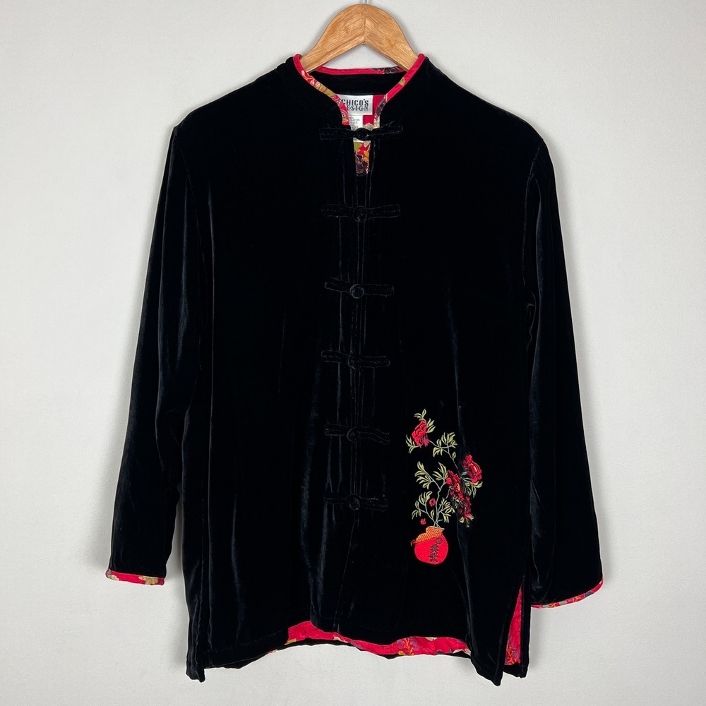 Chico's Design 1 Jacket Womens Medium Black Velvet Floral Silk Rayon Toggle M 8
